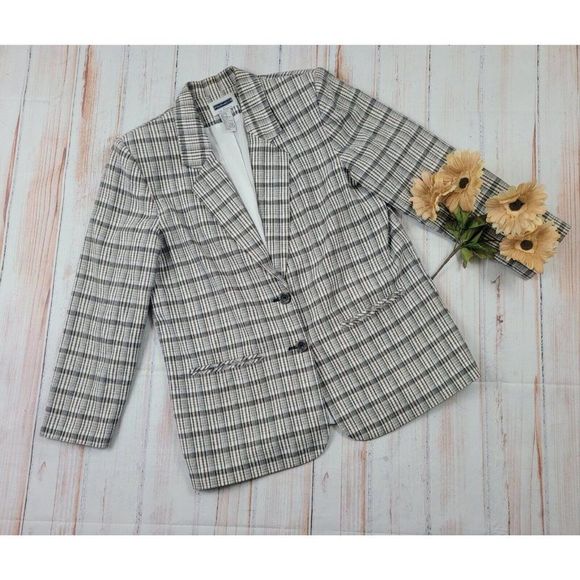 Sag Harbor Jackets & Blazers - Sag Harbor Women Linen Rayon Blend Plaid Cream Blazer Jacket Pockets Size 14